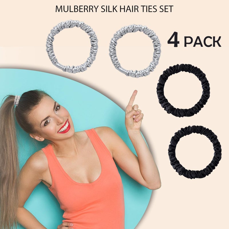 SEMRUE 100% Mulberry Silk Scrunchies, 4 Count (Black, Silver Gray) - 22 Momme Pure Mulberry Silk, Elastic Hair Ties, Protects Hair from Damage, Suitable for Various Hairstyles, Fashion Item Choice - Image 3